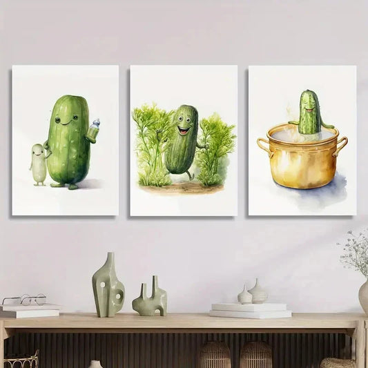 3pcs Cartoon Style Decoration, Minimalism, Pickle Metal Print Ready to Hang Art