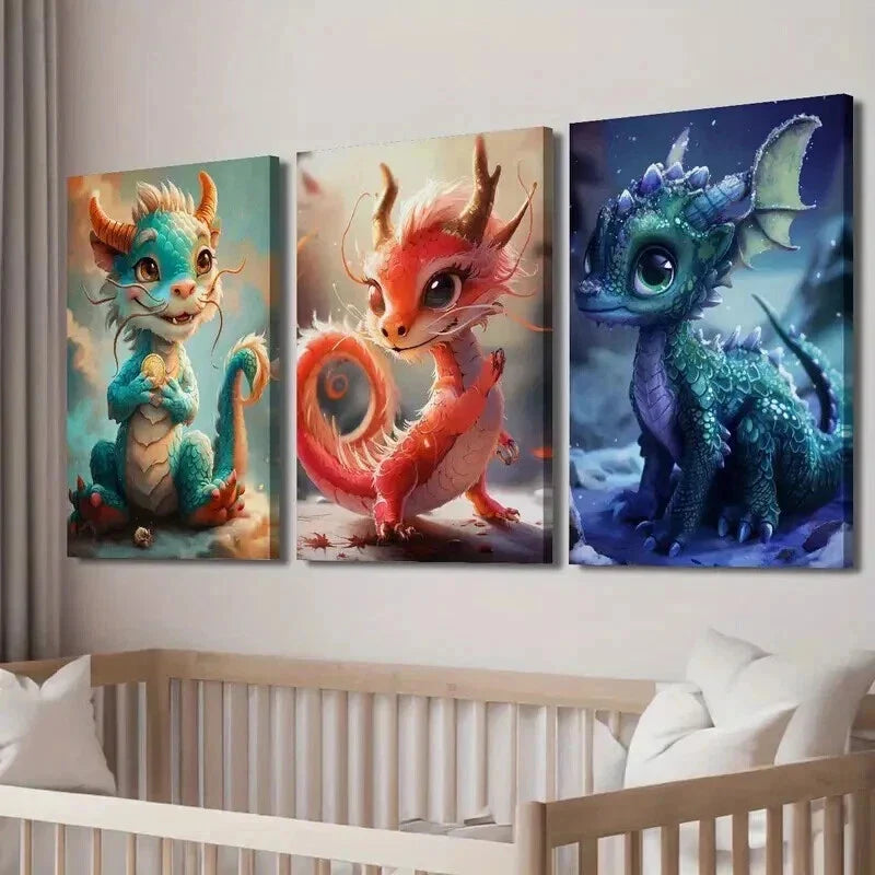 3pcs Cute Little Oriental Fantasy Dragon Wall Art Set Canvas Framed 40x60cm - High Quality Print 100% Australian Made Wall Canvas Ready to Hang