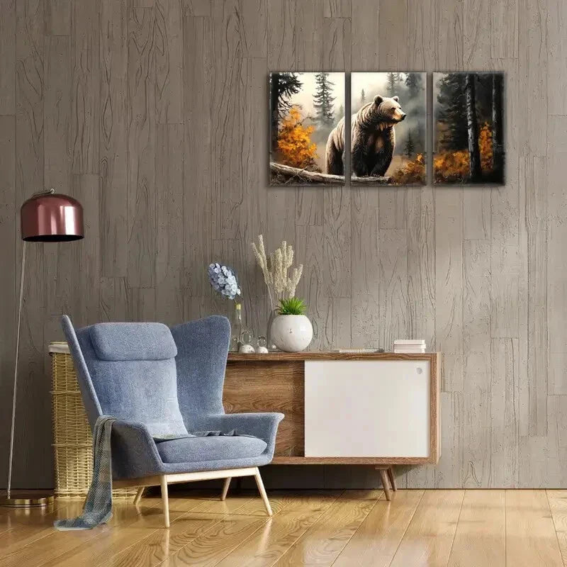3pcs Pine Forest Bear in Autumn Woods Animal Metal Print Ready to Hang Art