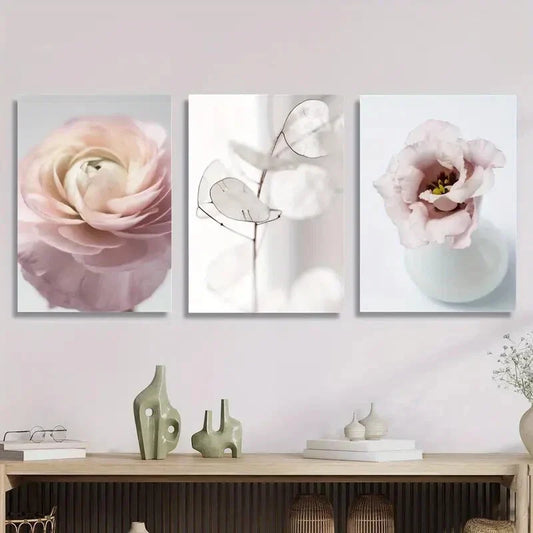 3pcs Pink Tudan Roses And White Silver Fan Leaf Metal Print Ready to Hang Art
