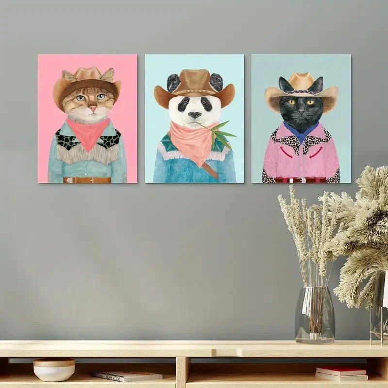 3pcs Cats and Panda in Cowboy Dress Metal Print Ready to Hang Art