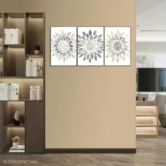 3pcs Modern Abstract Flower Designs in Black White Metal Print Ready to Hang Art