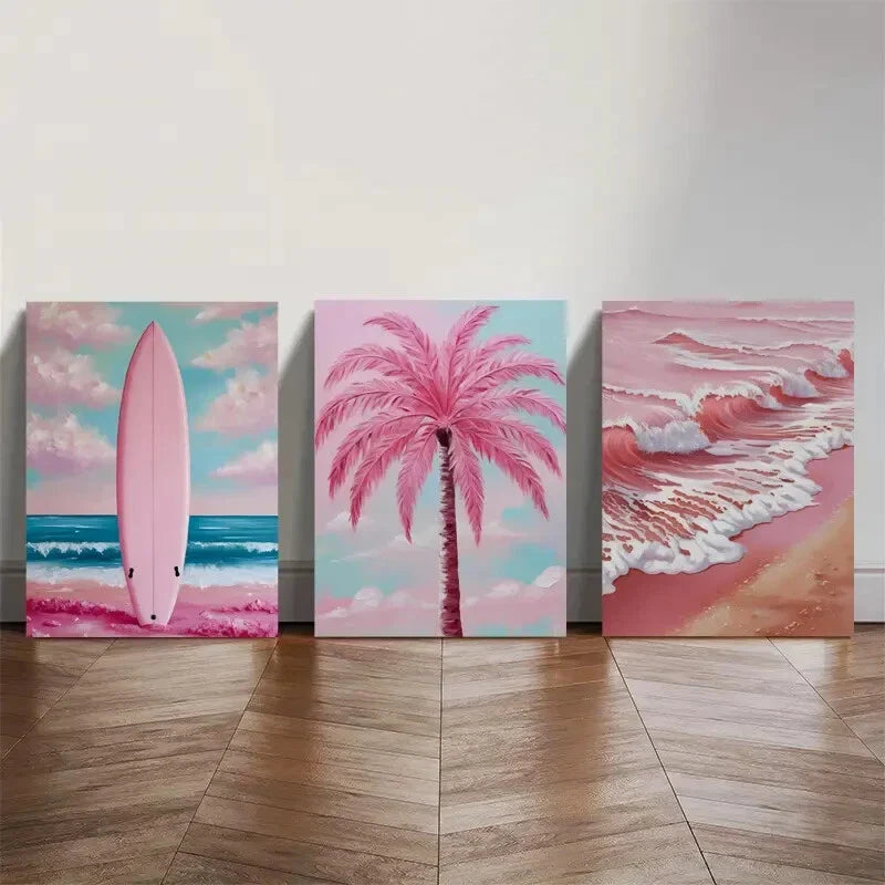 3pcs Pastel Coastal Posters Pink Ocean Pictures Metal Print Ready to Hang Art