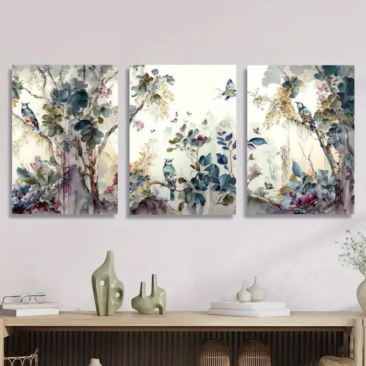 3pcs Modern Landscape with Trees, Flowers Metal Print Ready to Hang Art