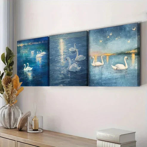 3pcs A Group Of Swans In The Water Wall Art Set Canvas Framed 60x90cm - High Quality Print 100% Australian Made Wall Canvas Ready to Hang