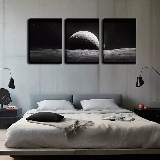 3pcs The Moon In The Universe Wall Art Set Canvas Framed 40x60cm - High Quality Print 100% Australian Made Wall Canvas Ready to Hang