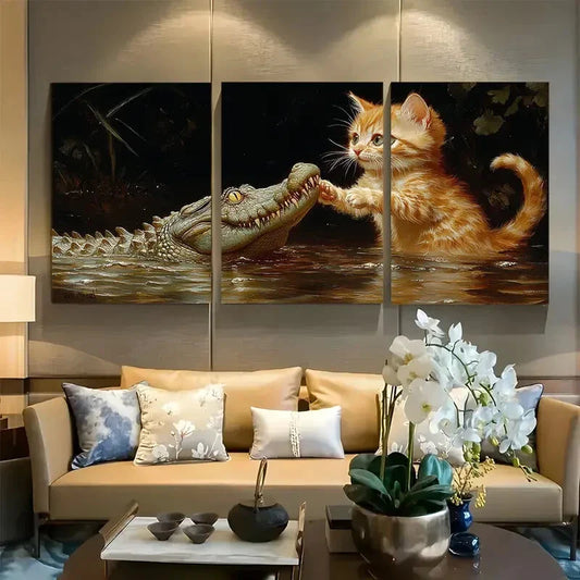 3pcs Funny Cat vs Crocodile Playful Scene Metal Print Ready to Hang Art