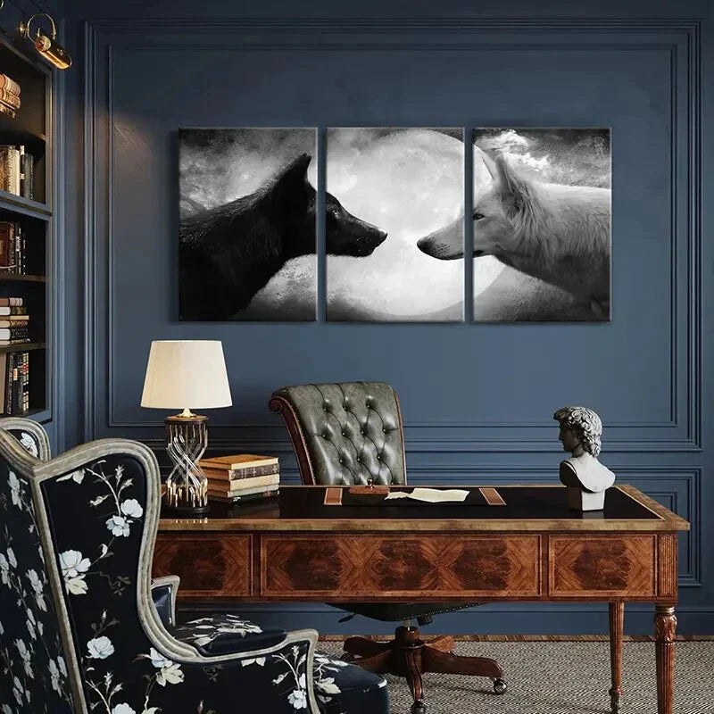 3pcs Two Wolves Under The Moon Metal Print Ready to Hang Art