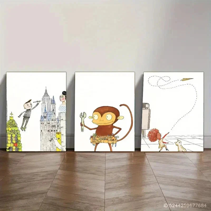 3pcs Castle Monkey Abstract Art Style Watercolor Metal Print Ready to Hang Art