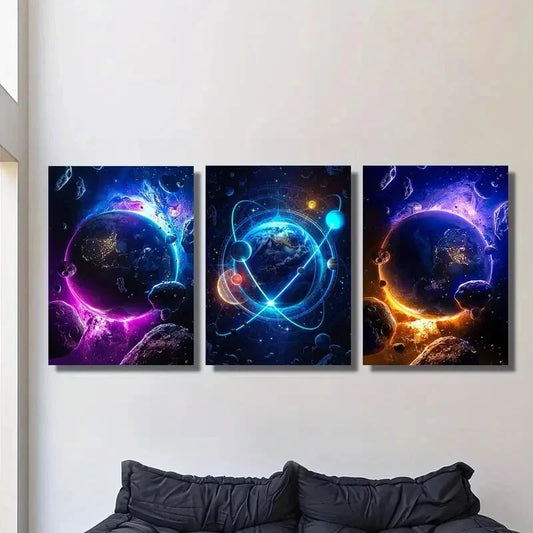 3pcs Outer Space & Sci-Fi Fantasy Planets Wall Art Set Canvas Framed 40x60cm - High Quality Print 100% Australian Made Wall Canvas Ready to Hang