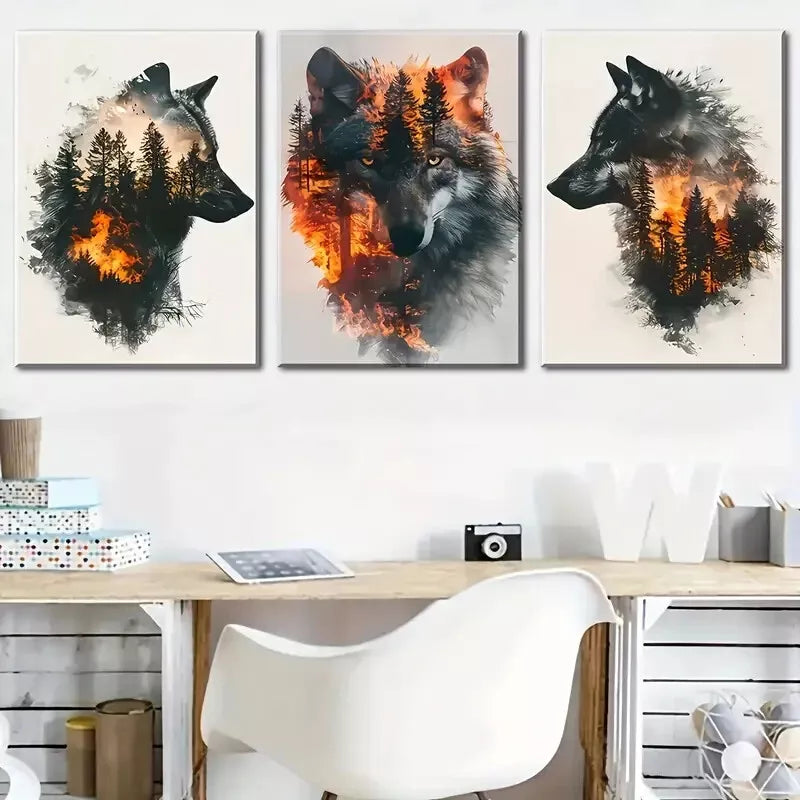 3pcs Wolf Animal Abstract-forest Painting Wall Art Set Canvas Framed 40x60cm - High Quality Print 100% Australian Made Wall Canvas Ready to Hang