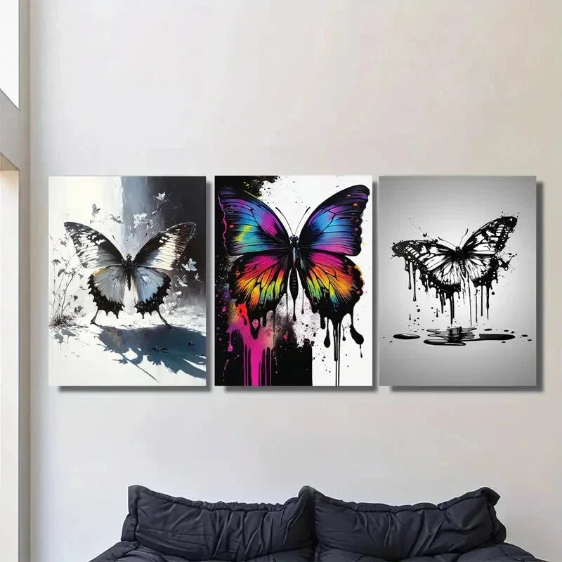 3pcs Modern Abstract with Colorful Butterflies Metal Print Ready to Hang Art