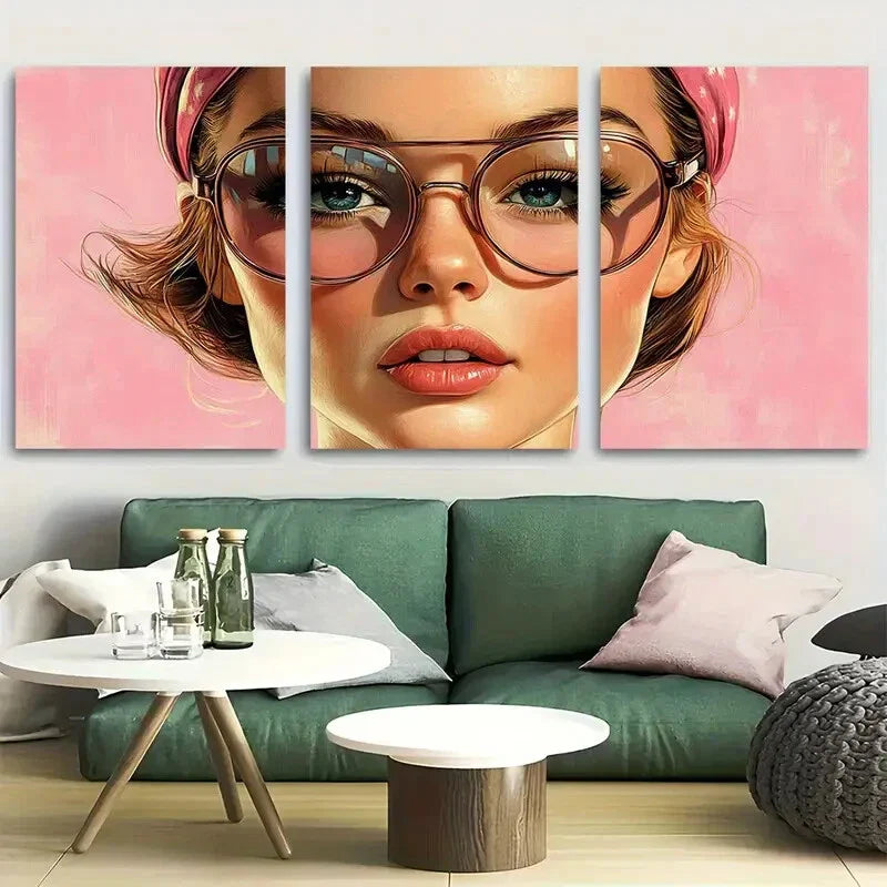 3pcs Cute Girl Portrait in Pink Background Metal Print Ready to Hang Art