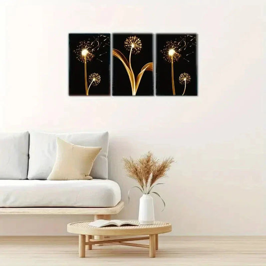 3pcs Aesthetic Golden Plants on Dark Background Metal Print Ready to Hang Art