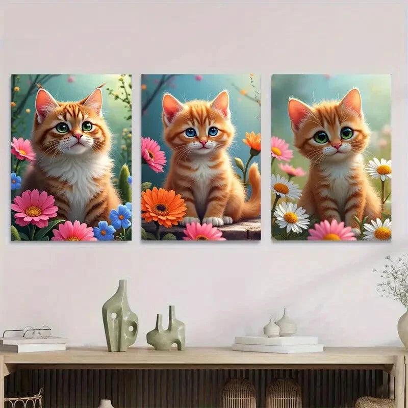 3pcs Charming Cat Trio Vibrant Floral Metal Print Ready to Hang Art