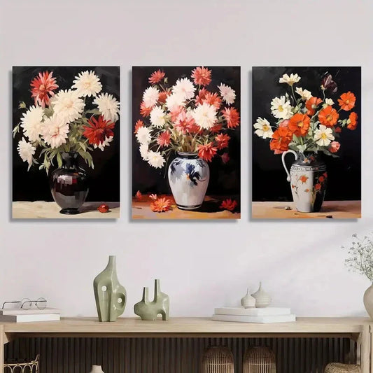3pcs ,Ink Floral Vase Prints, Modern Classic Metal Print Ready to Hang Art