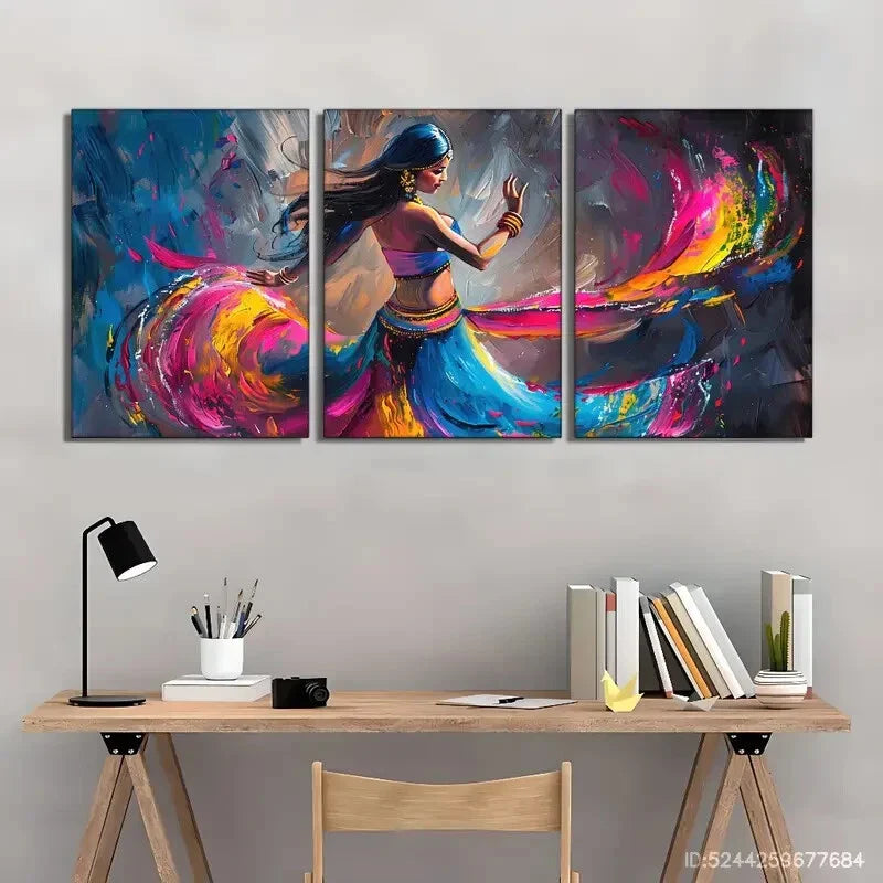 3pcs Artistic Highlight Indian Woman Dancing Metal Print Ready to Hang Art