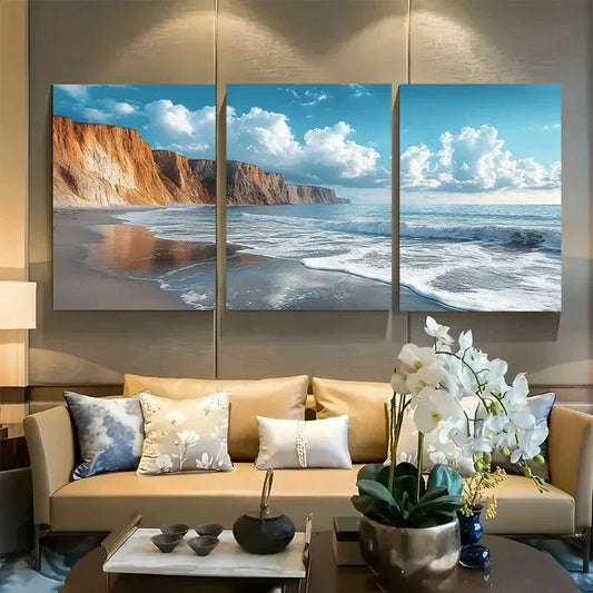 3pcs Rocky Coastline Waves Beach Scene Metal Print Ready to Hang Art