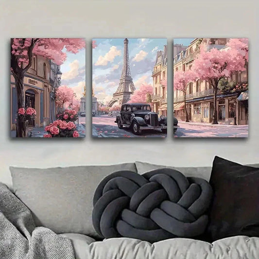 3pcs A pink car on the streets of Paris Metal Print Ready to Hang Art