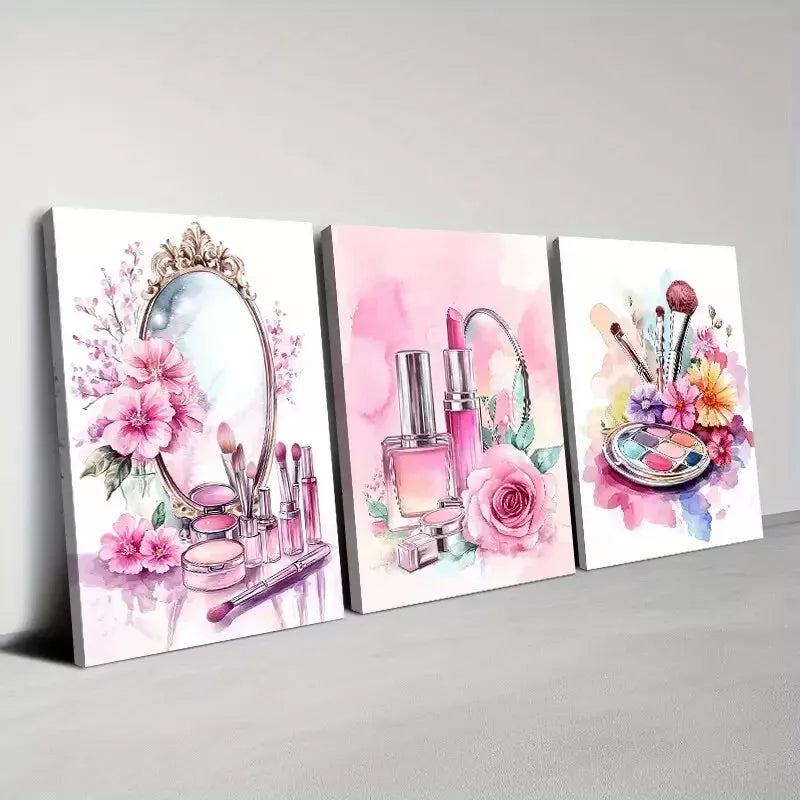 3pcs Vintage Fabric Floral Beauty Makeup Theme Wall Art Set Canvas Framed 40x60cm - High Quality Print 100% Australian Made Wall Canvas Ready to Hang