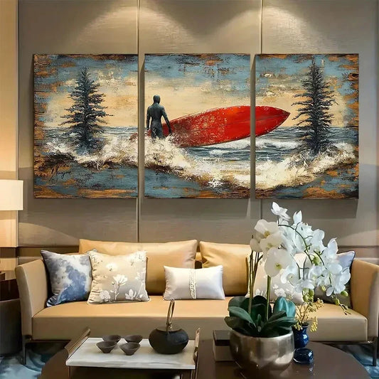 3pcs Rustic Design Surfer Tropical Beach Metal Print Ready to Hang Art