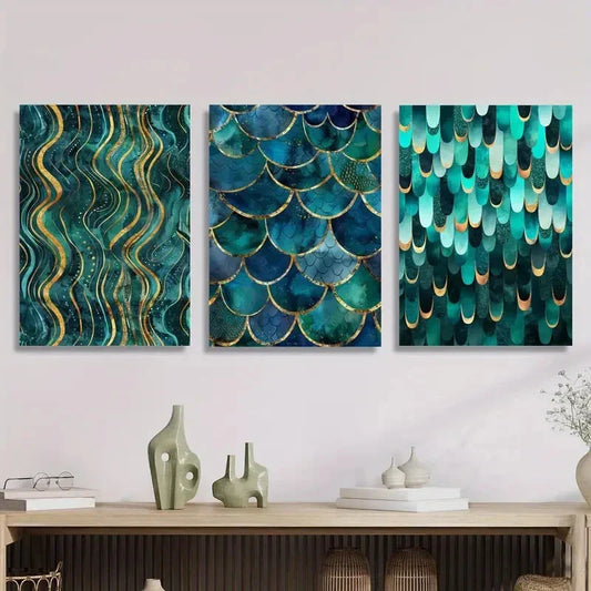 3pcs Golden and Cyan Swirl Design, Metal Print Ready to Hang Art