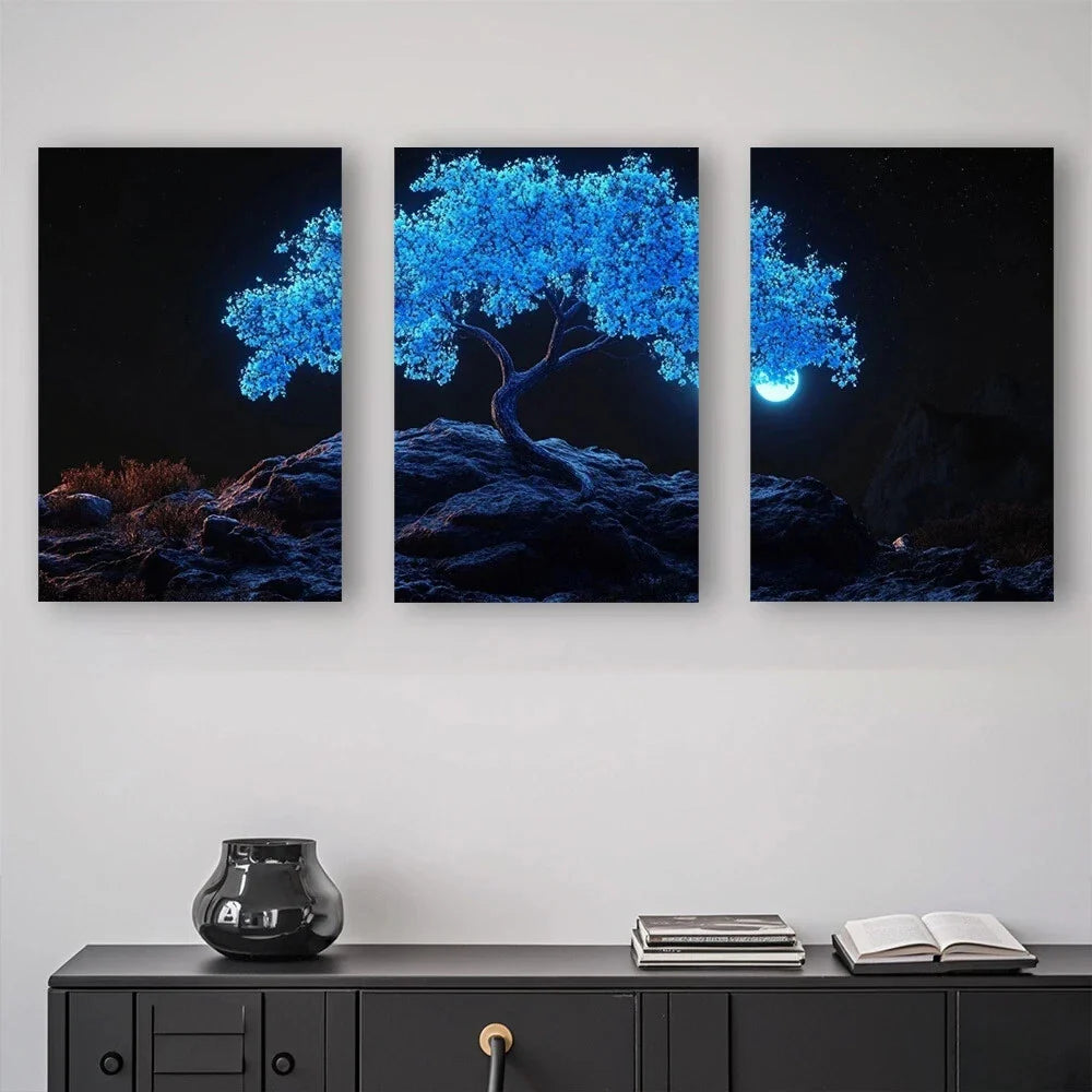 3pcs Beautiful and Lonely Blue Tree at Night Metal Print Ready to Hang Art