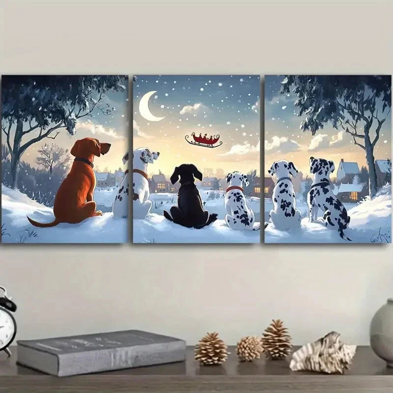 3pcs The dog looks at Santa Claus Wall Art Set Canvas Framed 40x60cm - High Quality Print 100% Australian Made Wall Canvas Ready to Hang