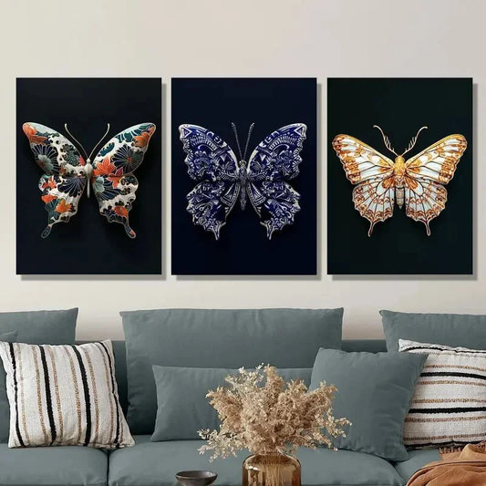 3pcs Japanese flower butterfly on black background Metal Print Ready to Hang Art