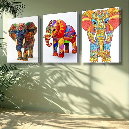 3pcs Vibrant Stylized Elephant Wall Art Set Canvas Framed 40x60cm -High Quality Print 100% Australian Made Wall Canvas Ready to Hang
