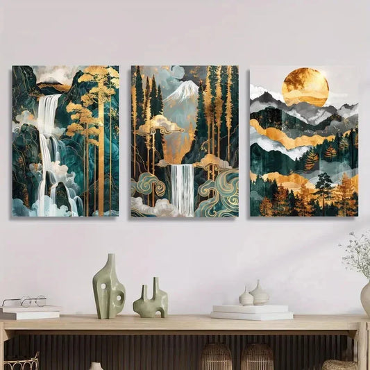 3pcs Golden Waterfall & Ink-Dyed Landscape, Metal Print Ready to Hang Art