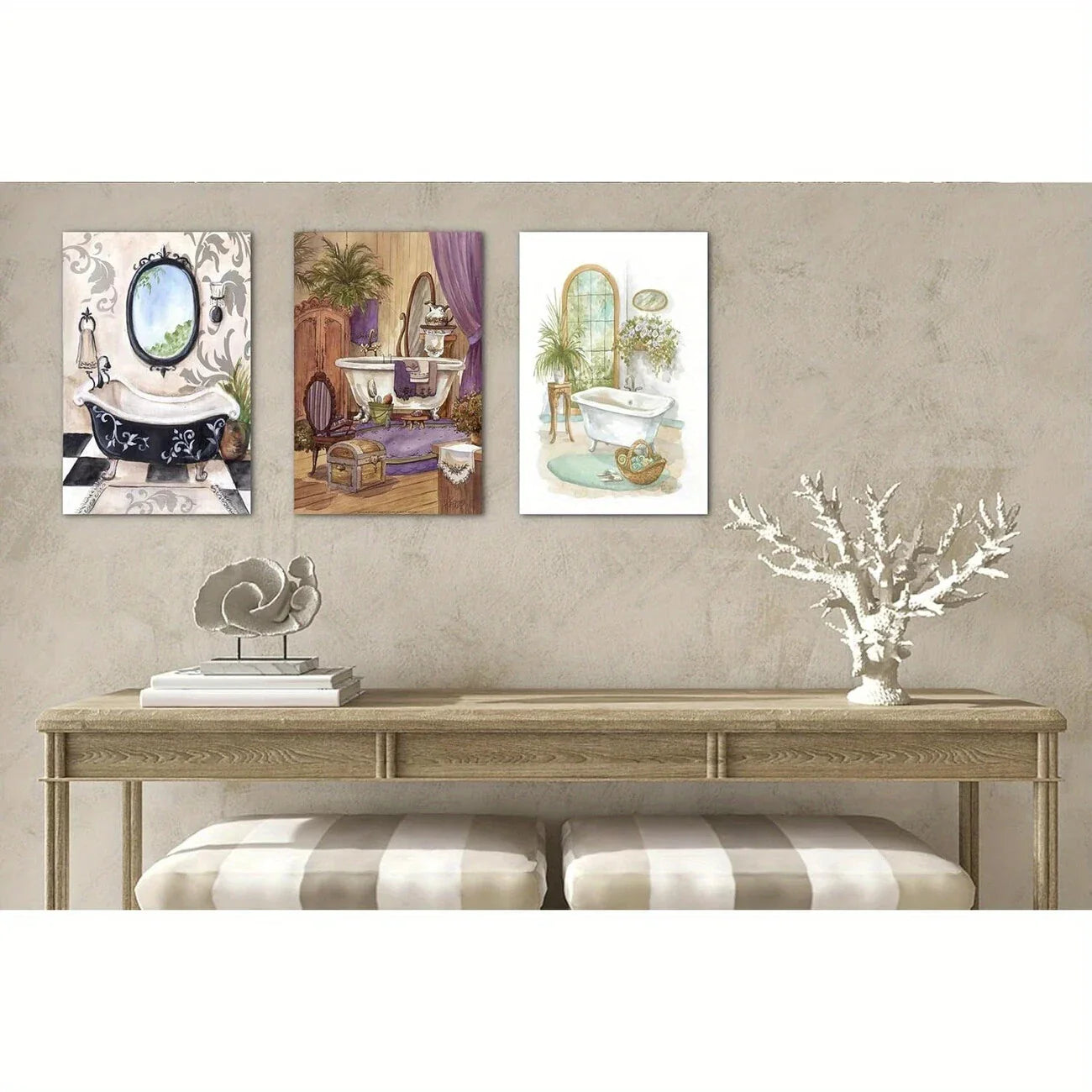 3pcs Rustic Vintage Style Bathtub Metal Print Ready to Hang Art