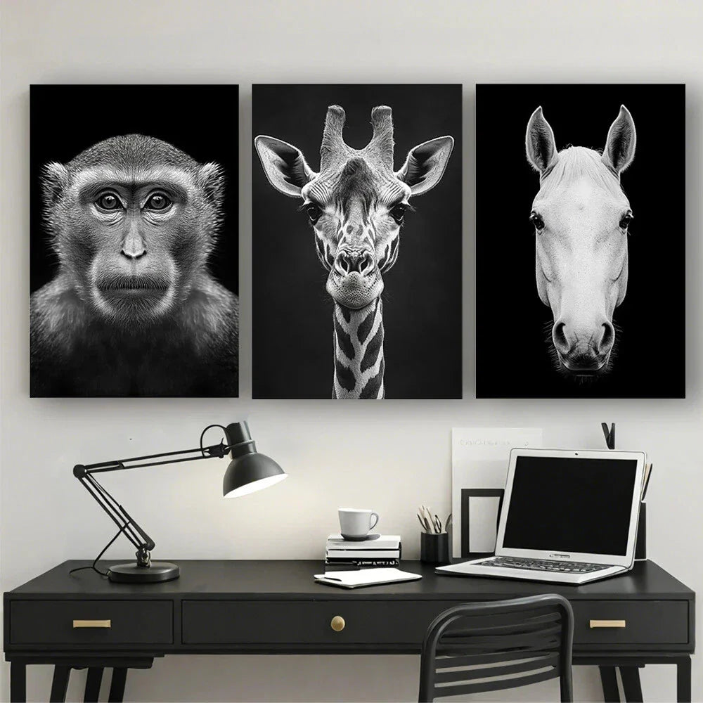 3pcs Black And White Wild Animal Metal Print Ready to Hang Art