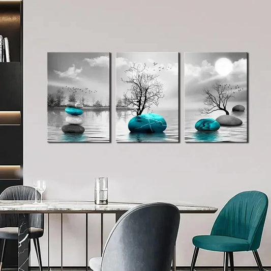 3pcs Red Tree of Life Teal Beach and Stones, Metal Print Ready to Hang Art