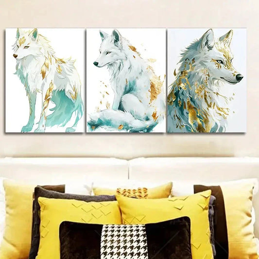 3pcs Graceful white Wolf Art Painting Metal Print Ready to Hang Art