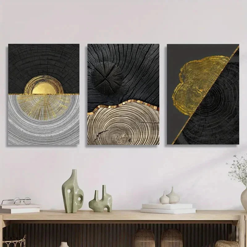 3pcs Luxury Golden Foil, Modern Nordic Black Metal Print Ready to Hang Art