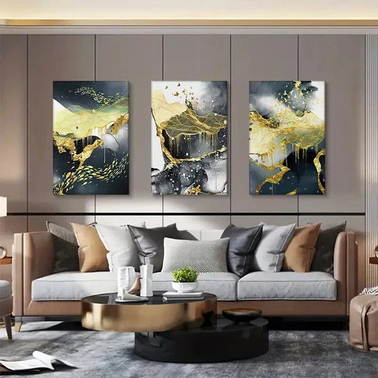3pcs Modern Abstract Black & Golden Metal Print Ready to Hang Art