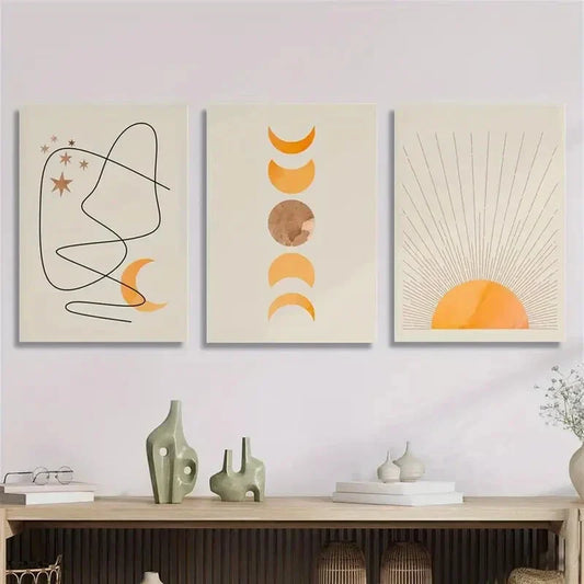 3pcs Abstract Geometric Shape Moon Sun Art Metal Print Ready to Hang Art
