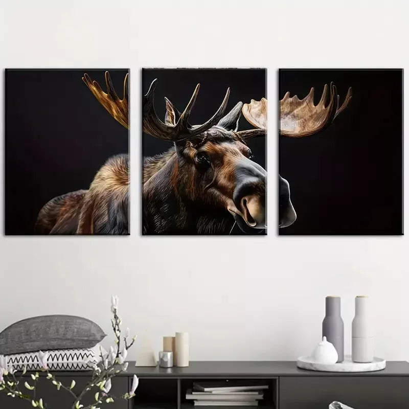 3pcs Retro Simple Elk Animal in Dark Black Wall Art Set Canvas Framed 40x60cm - High Quality Print 100% Australian Made Wall Canvas Ready to Hang