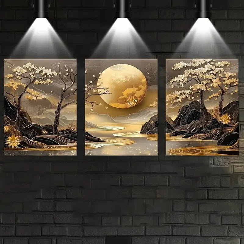 3pcs Enchanting Golden Sun and Mountains Metal Print Ready to Hang Art