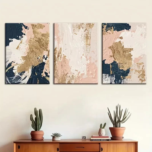3pcs Modern abstract fashion Gold Pink Blue Wall Art Set Canvas Framed 40x60cm - High Quality Print 100% Australian Made Wall Canvas Ready to Hang