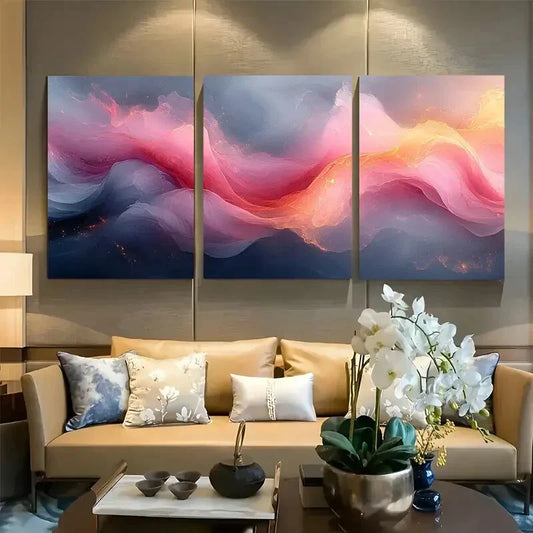 3pcs Abstract Pastel Pink and Gray Flowing Curves Metal Print Ready to Hang Art