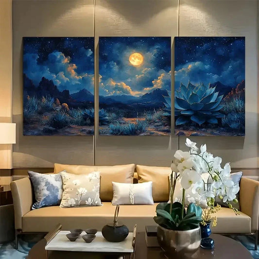 3pcs Agave Plant Under Starry Desert Night Sky Metal Print Ready to Hang Art