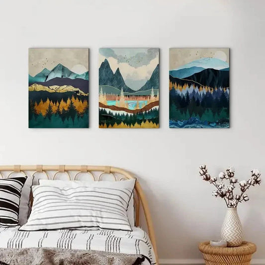 3pcs Abstract Nature Green Mountain Metal Print Ready to Hang Art