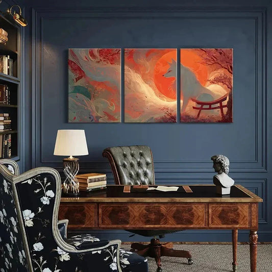 3pcs Artistic Fox Illustration Japanese Torii Gate Metal Print Ready to Hang Art