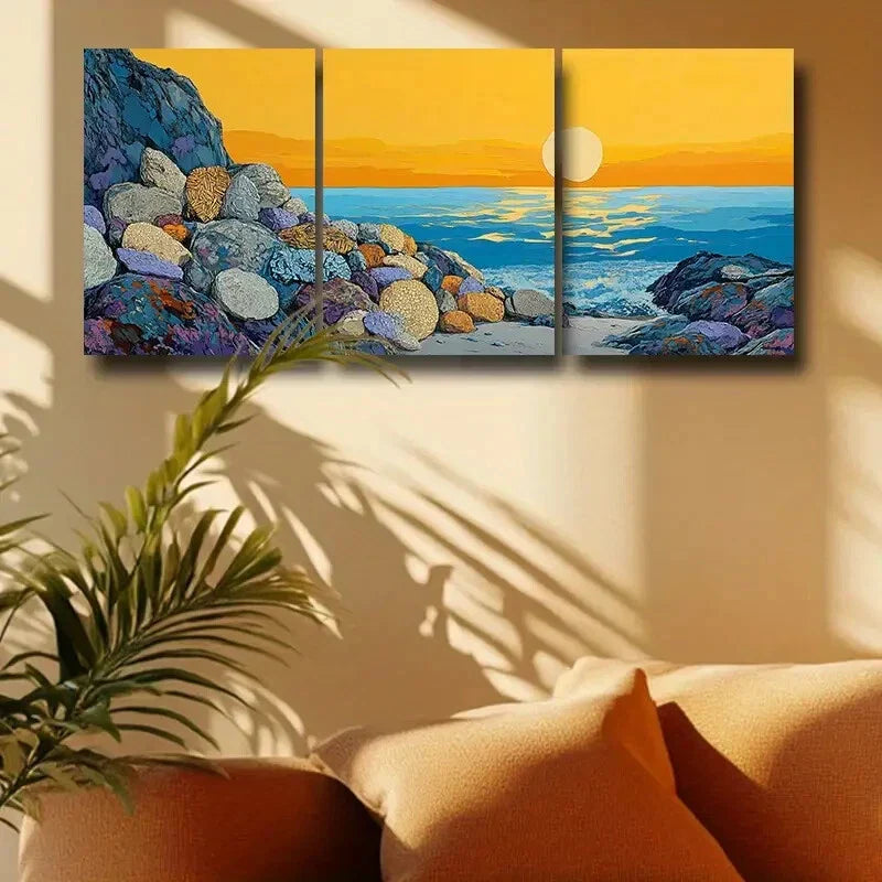 3pcs Vibrant Beach Scene with Rocks & Ocean Metal Print Ready to Hang Art