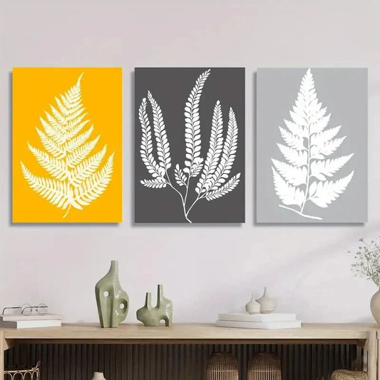 3pcs Mustard Yellow And Grey Leaves Print Wall Art Set Canvas Framed 40x60cm - High Quality Print 100% Australian Made Wall Canvas Ready to Hang