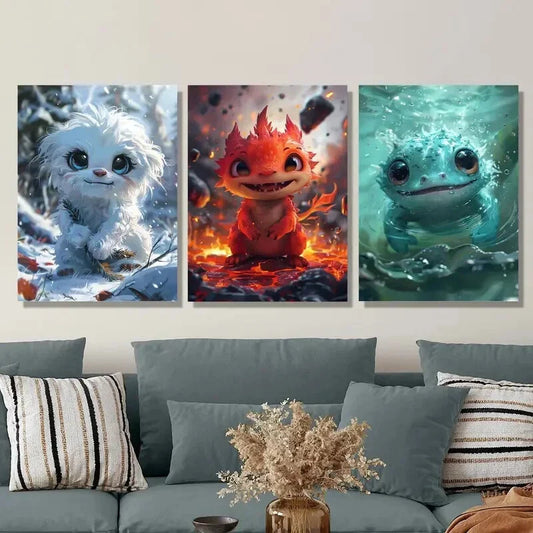 3pcs Cute little monsters, fantasy cartoon Metal Print Ready to Hang Art