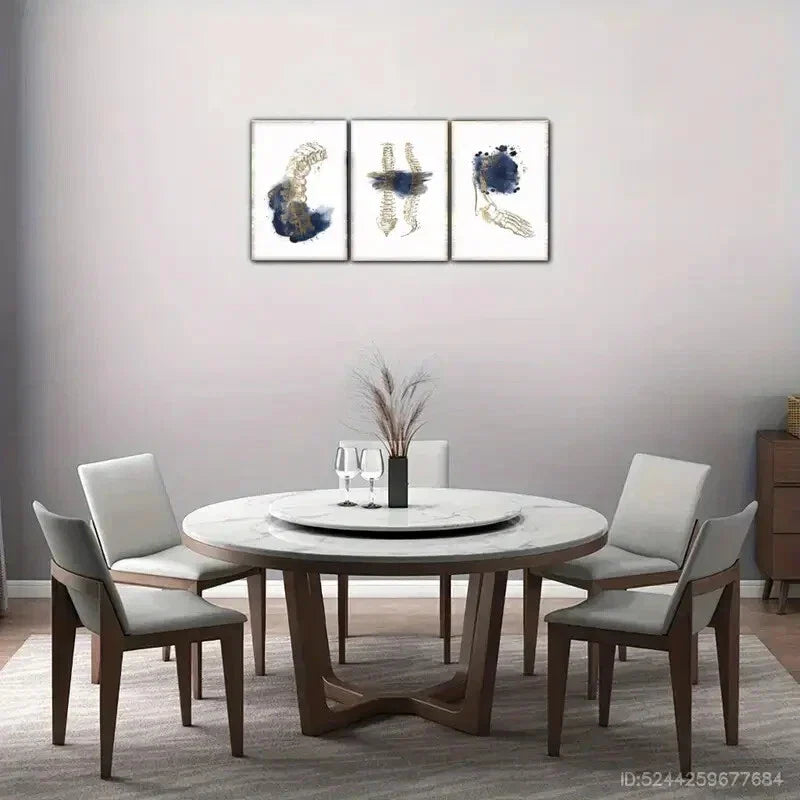 3pcs Golden Skeleton Designs with Navy Blue AccentsMetal Print Ready to Hang Art