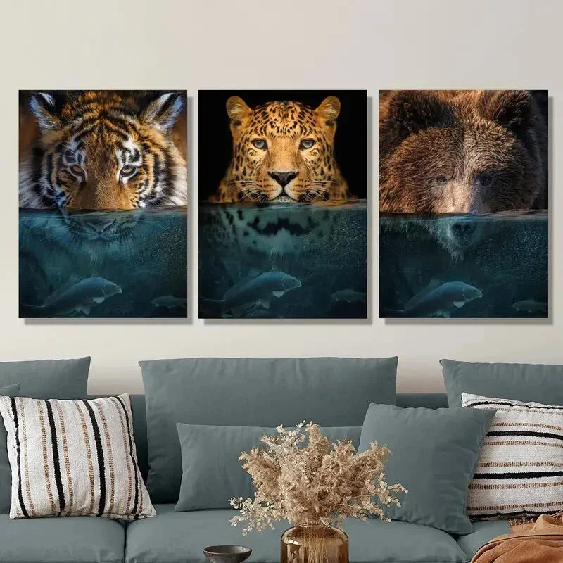 3pcs Underwater tiger, Amur leopard, grizzly bear Metal Print Ready to Hang Art